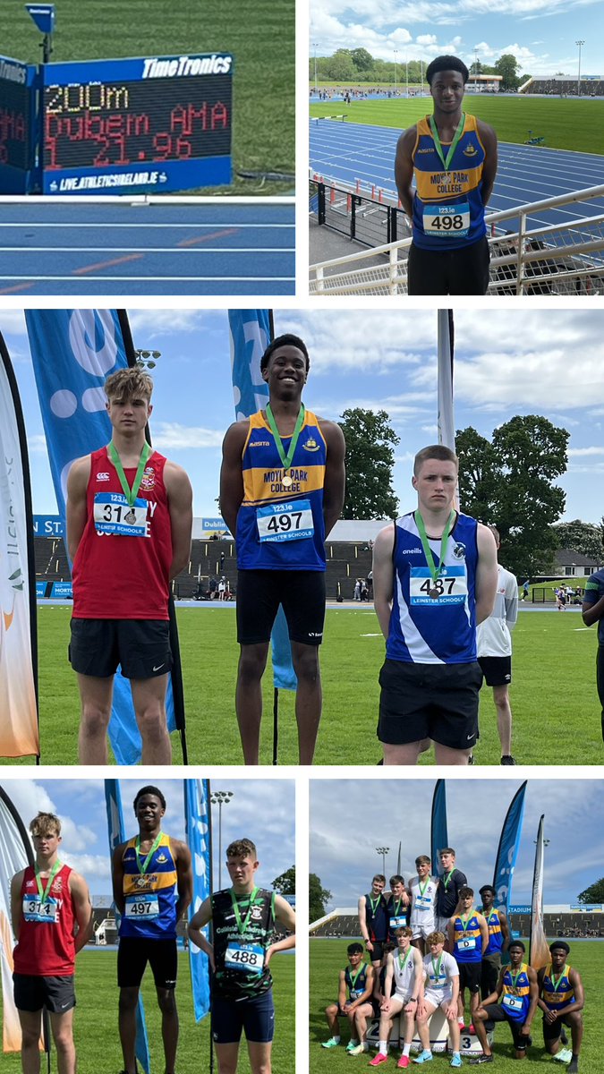 A successful day of competition at the Leinster T&F Champs 🥇Dubem won both the Inter 100m & 200m. Setting a blistering 21.96sec for 200m 🥈Franklin jumped 1.85m to claim 2nd in the Inter high jump 🥉Inter boys 4x100m relay team Great achievement for all @moylepark