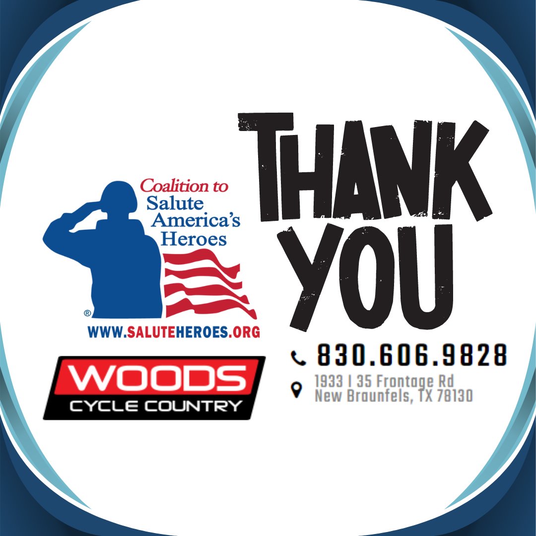 The Coalition to Salute America's Heroes and all the Veterans we serve thank you, Woods Cycle Country for your generous support this Memorial Day!

#SaluteHeroes #VeteranNonProfit #MemorialDay #ThankYou #WoodsCycleCounty