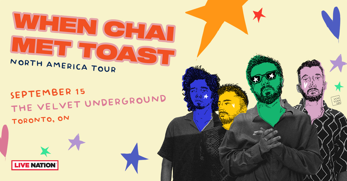 Live Nation Ontario (@livenationon) on Twitter photo JUST ANNOUNCED: Indian pop band <a href="/chaimettoast/">When Chai Met Toast</a> are genre pioneers in India, showcasing their blend of pop, indie-folk and alt-rock music. Catch them live at Velvet Underground on September 15. Tickets are on sale Friday! More info: bit.ly/3UKZurf JUST ANNOUNCED: Indian pop band <a href="/chaimettoast/">When Chai Met Toast</a> are genre pioneers in India, showcasing their blend of pop, indie-folk and alt-rock music. Catch them live at Velvet Underground on September 15. Tickets are on sale Friday! More info: bit.ly/3UKZurf