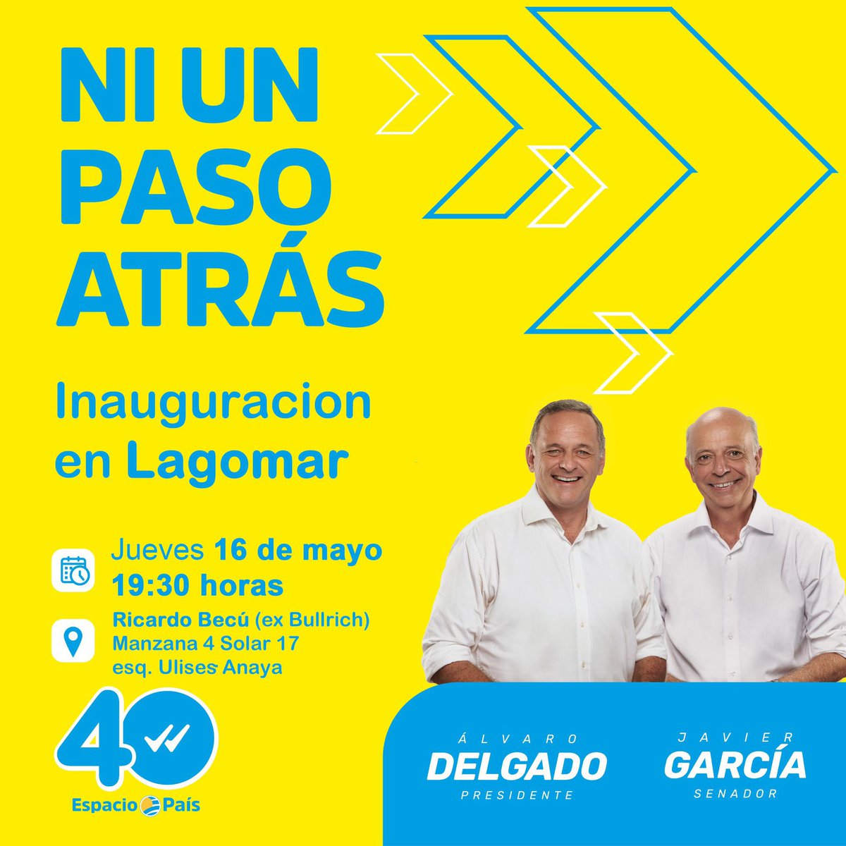 #EsMañana JUVES 16 @JavierGarcia_Uy Inaugura: #Hora 18:00 #Pando #Hora 19:30 #Lagomar Junto a su gran equipo 💪🏻de #La40 @AdrianSilva_uy @LuisPera40 @alejandratierno @ESPACIOCUARENTA @La40canelones 🟨🟦👇🏻