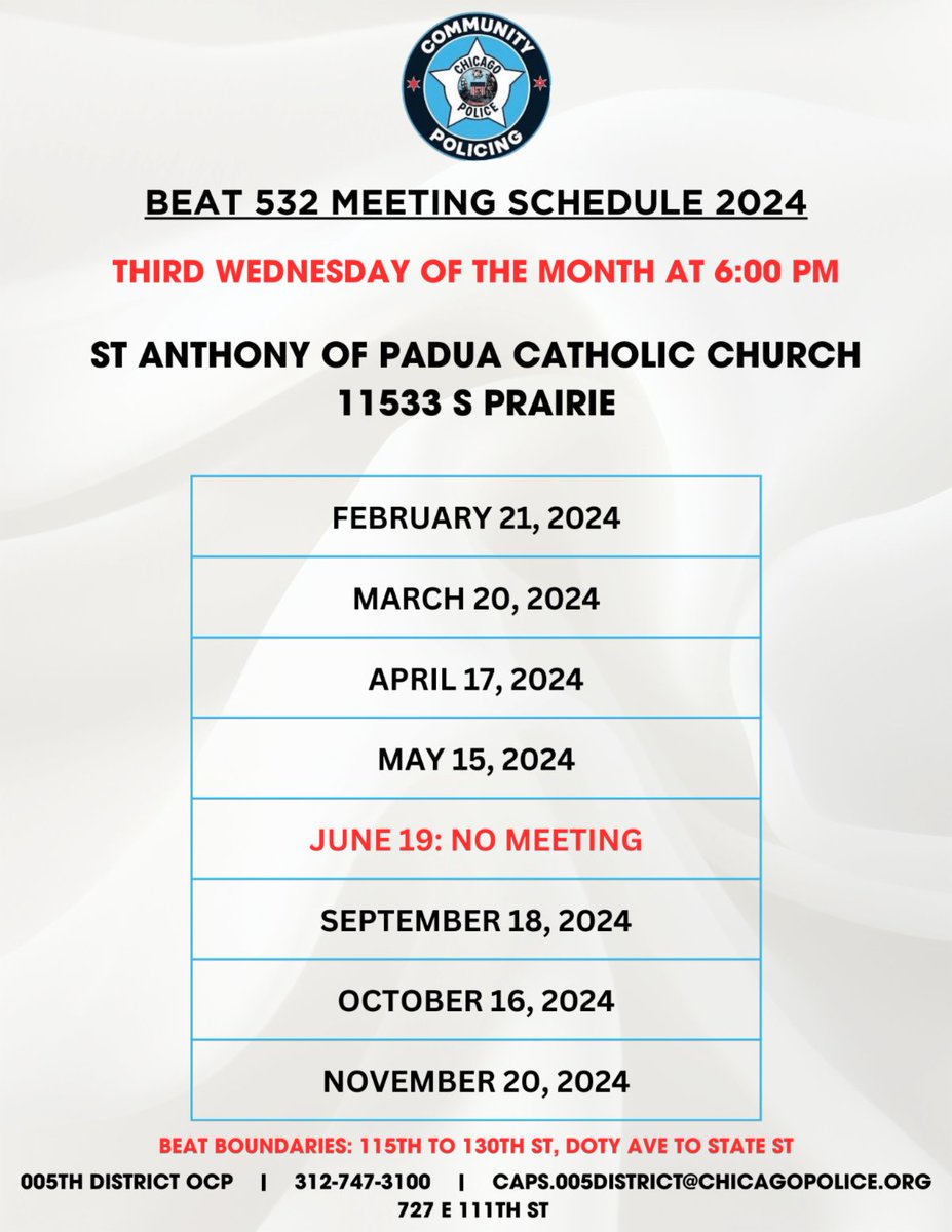 Join us for 532 Beat Meeting, TONIGHT, May 15th, 6:00 pm at St Anthony of Padua Catholic Church, 11533 S Prairie