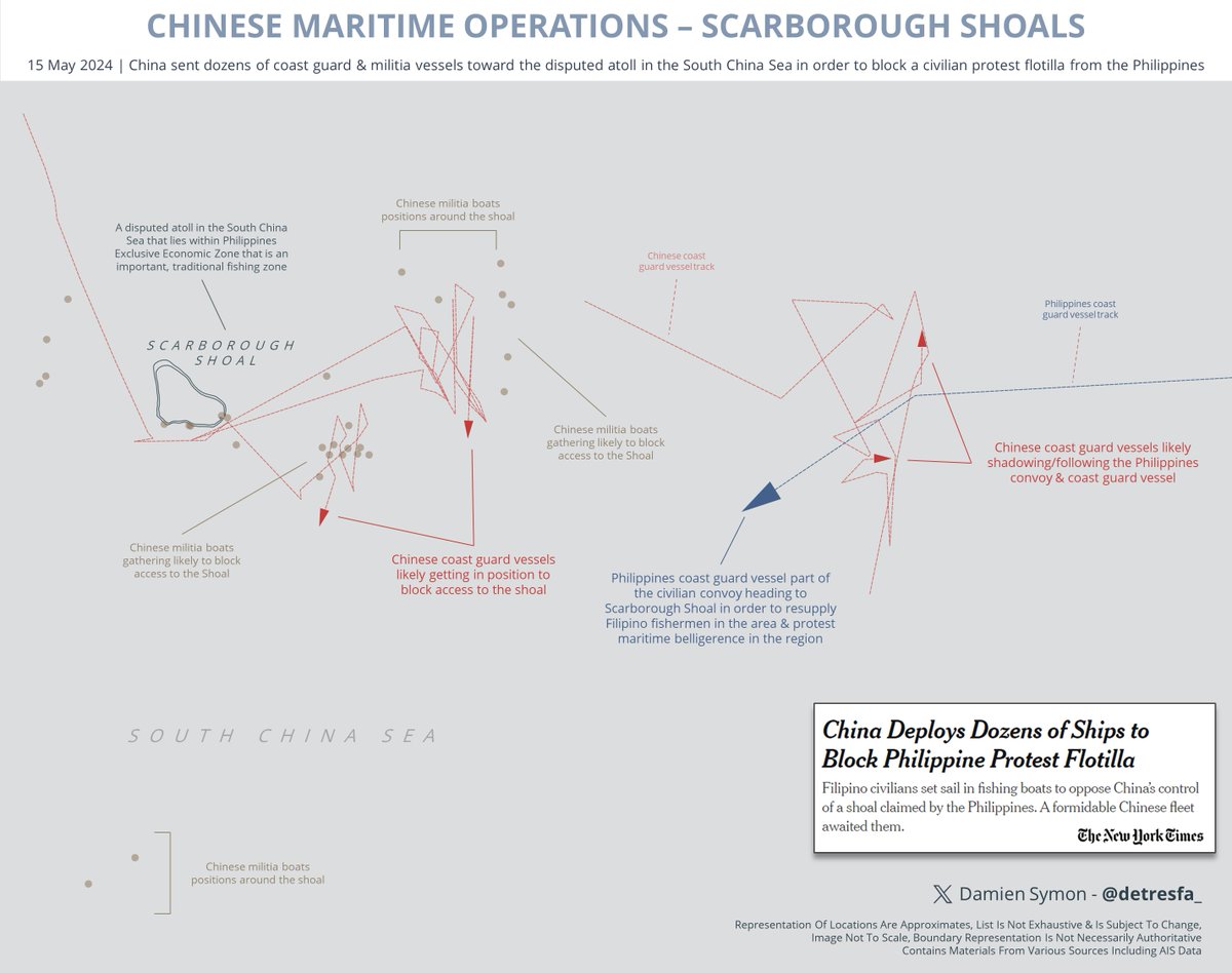 Happening now - Chinese coast guard & militia vessels have gathered at The Scarborough Shoals, South China Sea in order to block access to a Philippines civilian flotilla, this visual shows how the large force Beijing has deployed, asserts its territorial ambitions in the region