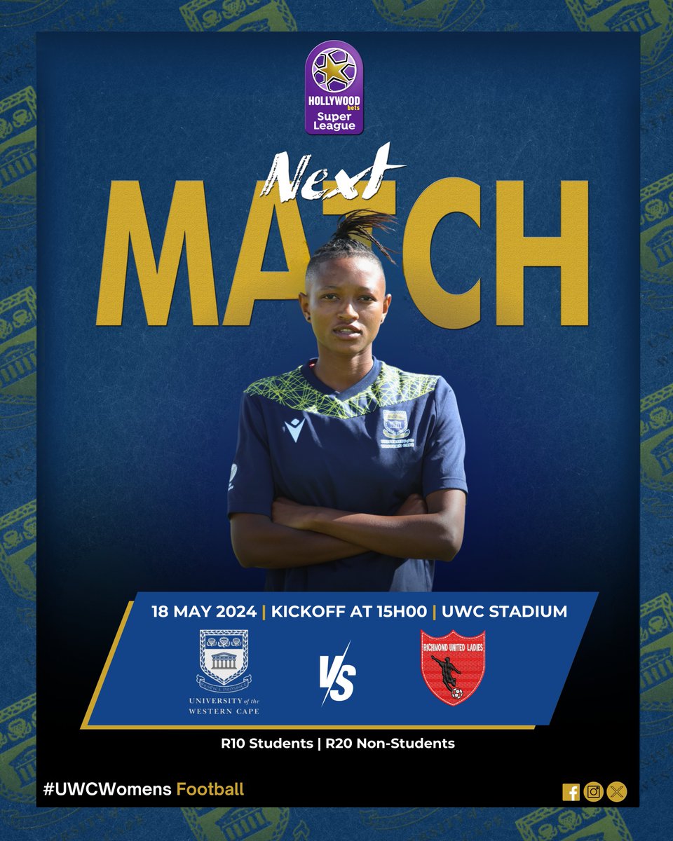 𝗡𝗘𝗫𝗧 𝗠𝗔𝗧𝗖𝗛 ⏭️ We host the Northern Cape based side, Richmond United Ladies FC on Saturday at the Operation Room. Tickets sold at the gate, 𝙗𝙧𝙞𝙣𝙜 𝙖 𝙛𝙧𝙞𝙚𝙣𝙙 😉👊 #UWCWomensFootball | #HollywoodBetsSuperLeague