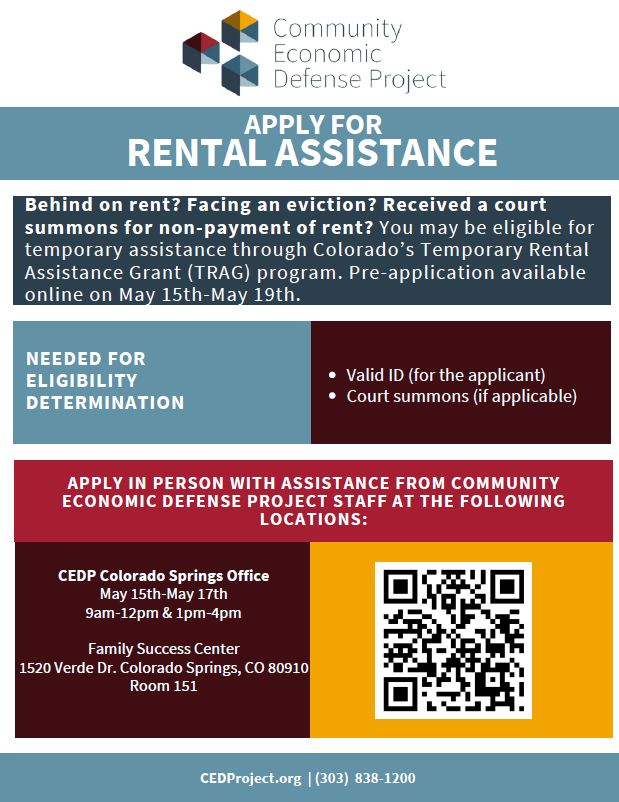 CoEvictionDef's tweet photo. The Temporary Rental Assitance Grant (TRAG) pre-application window is now open! Pre-apply at the link below or visit our Denver or COS offices in person for application assistance. https://t.co/d9nruGlCg5 https://t.co/bPIZ2SNaM4