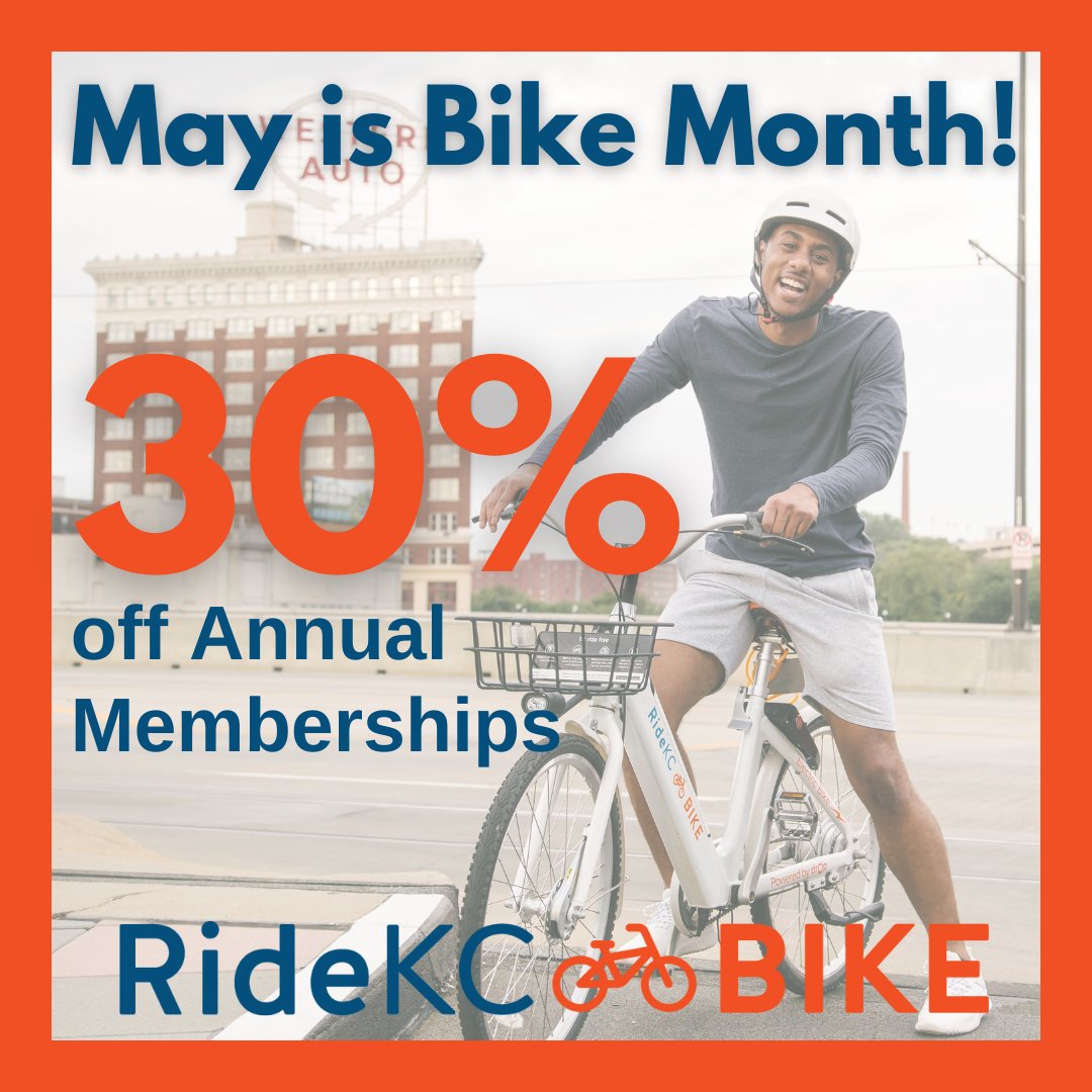 RideKCBike's tweet photo. May is #BikeMonth! Use BIKEMONTH24 to get 30% off an Annual Membership. Read the details on our website: https://t.co/hhe79yaQpL https://t.co/Qgj3ein71M