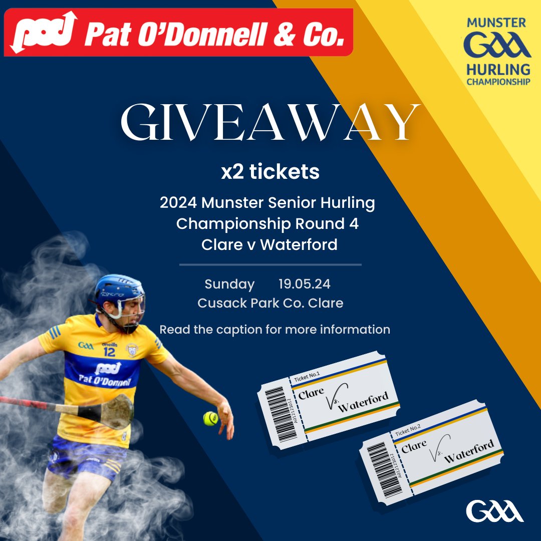 We are giving away 2 tickets to the 2024 Munster Senior Hurling Championship Clare v Waterford! 🤩⁣
⁣
To enter:
• Like this post⁣
• Follow us
• Tag who you will bring
⁣
T&Cs: Competition ends Friday the 17th of May. Multi-platform giveaway
⁣
Up the Banner! 💙💛⁣