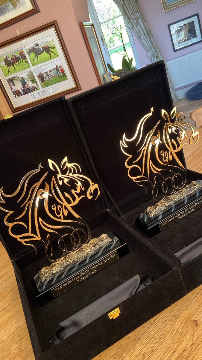 Thanks to @alshiraaracing for the lovely trophies for Sea The Boss winning the Al Shira’aa Jannah Rose Group 3 Stakes @NaasRacecourse on Saturday! 🏆