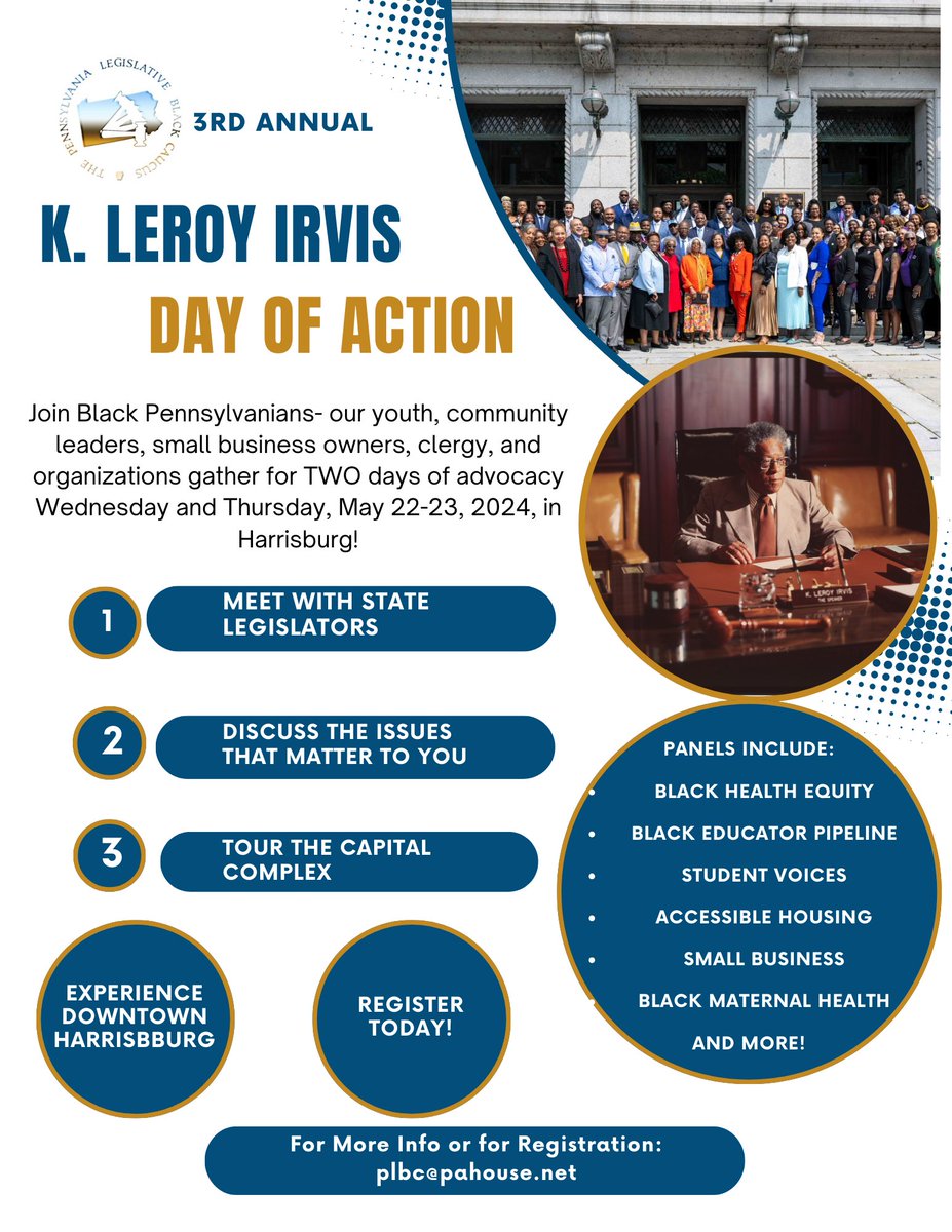 The K. Leroy Irvis Day of Action will commemorate the election of the 1st Black Speaker and highlights the @palegblkcaucus' legislative efforts to improve the lives of Black Pennsylvanians. Register ⬇️ eventbrite.com/e/plbcs-3rd-an…