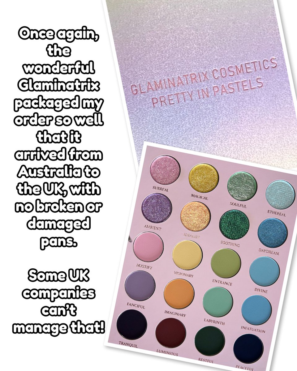 Once again, the wonderful #Glaminatrix packaged my order so well that it arrived from #Australia to the #UK, with no broken or damaged pans. 

Some UK companies can’t manage that! #4fBeauty