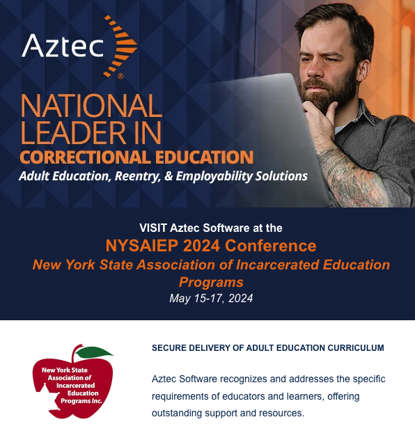 Aztec Software is excited to attend and present at the @NYSAIEP 2024 Conference !

ATTEND AZTEC'S CONFERENCE SESSION TODAY!
'GED Solutions for Correctional Education Programs'
Wednesday 15th
2:45- 4pm
QUINELLA Rm

#CorrectionalEducation #adultedu #adulteducation