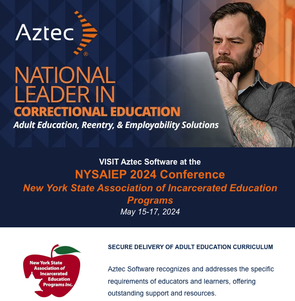aztecsoftware's tweet photo. Aztec Software is excited to attend and present at the @NYSAIEP 2024 Conference !

ATTEND AZTEC'S CONFERENCE SESSION TODAY!
"GED Solutions for Correctional Education Programs"
Wednesday 15th
2:45- 4pm
QUINELLA Rm

#CorrectionalEducation #adultedu #adulteducation https://t.co/pnF4lSBw8g