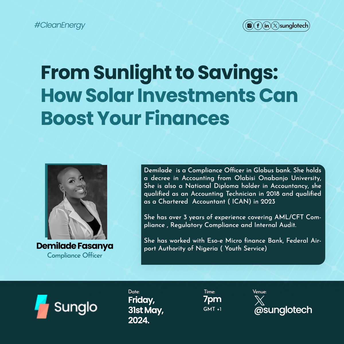Hey Trybers!!!

Join us for May’s edition of our ‘X’ Space (twitter space) as we discuss 'From Sunlight to savings: How solar energy can boost your finances' with our Guest Speaker.

*Demilade Fasanya* is a Chartered Accountant and an Accounting Technician.