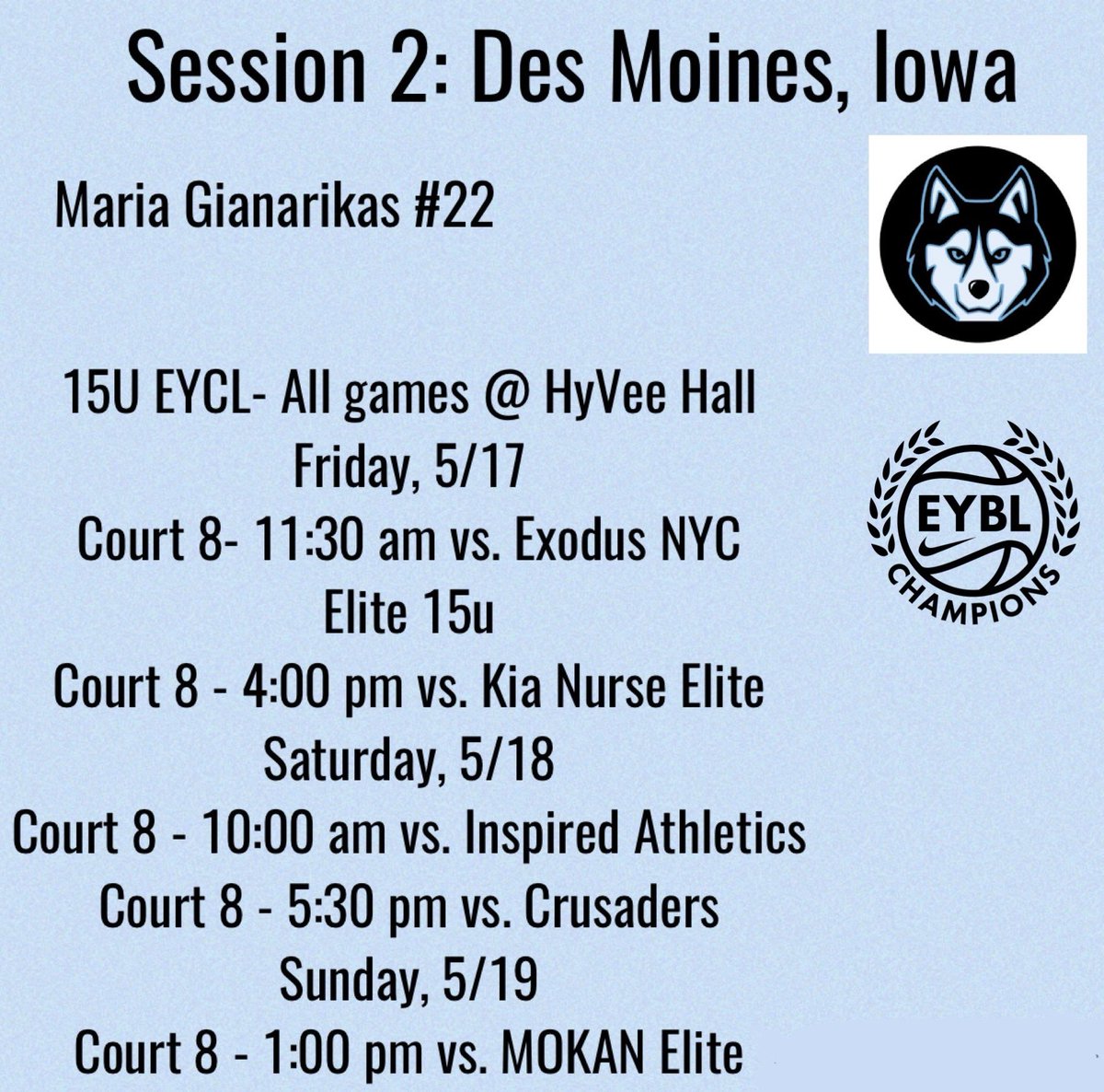 Here’s my schedule for the @nikegirlseycl tournament in Iowa! Come check out me and my team @MAHuskies_eycl this weekend!