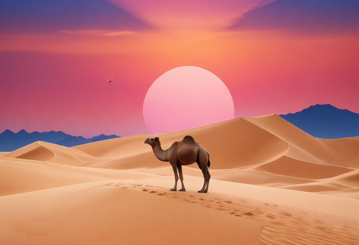 Prompt : A camel silhouette standing on a desert dune with a geometric frame in the background, birds flying in the sky at sunset

By : @freepik