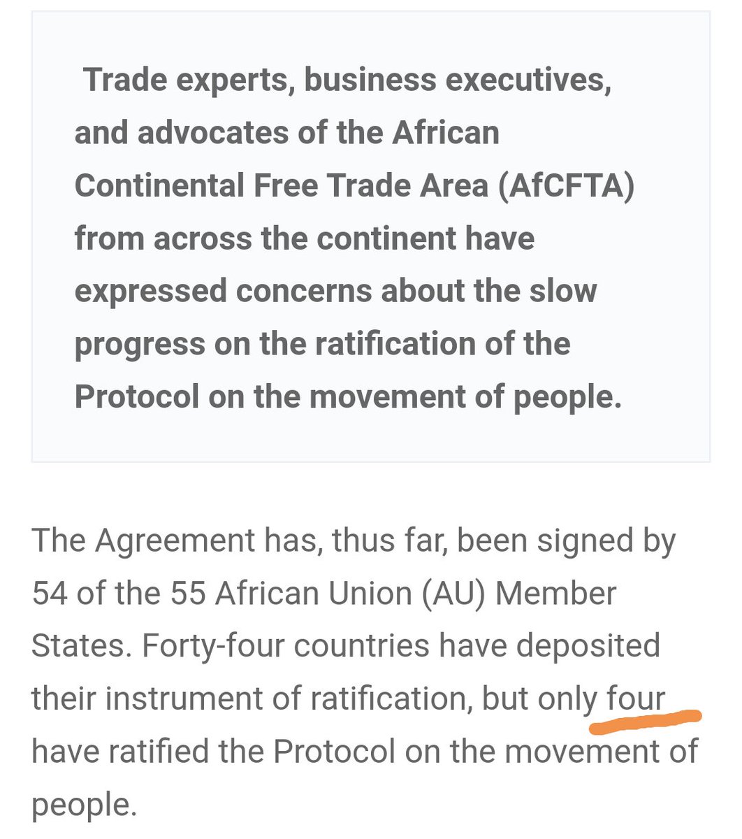 Fact - 54 out of 55 African countries signed the Free Trade Protocol deal(AfCFTA).

Fact - Only 4 out of 55 African countries signed the Free  Movement Protocol. Not even Zimbabwe or anyone else in the SADC.

Africa doesn't want open borders.

Stop being lied to by the EFF.