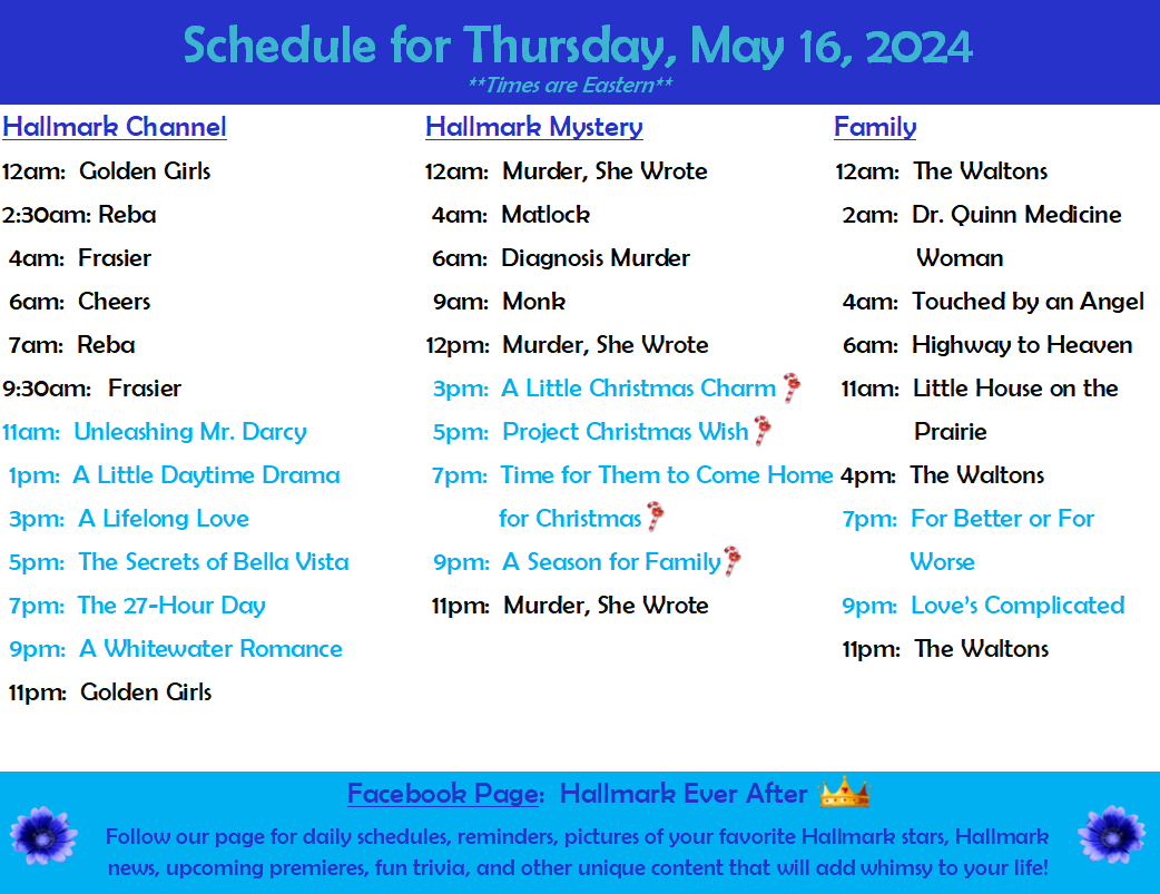 Thursday's (5/16) #HallmarkSchedule looks interesting!  There are three #ChristmasMovies playing on #HallmarkMystery featuring #BrendanPenny and one with #AmandaSchull ahead of their new #FamilyPracticeMysteries that will premiere on the 17th.

#HallmarkMovies #Sleuthers