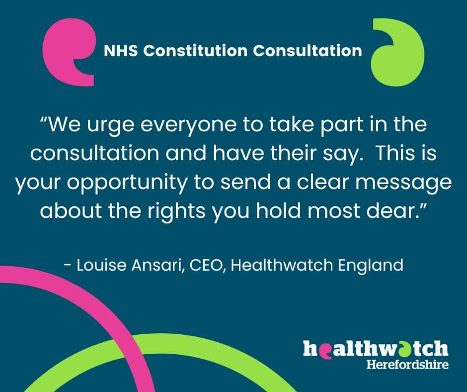 Did you know the Government has launched a public consultation on the NHS Constitution and wants to hear your opinion? healthwatchherefordshire.co.uk/news/2024-05-1… The NHS Constitution helps the NHS set the right cultures, focus on what matters most to you and ensures patients know their rights.