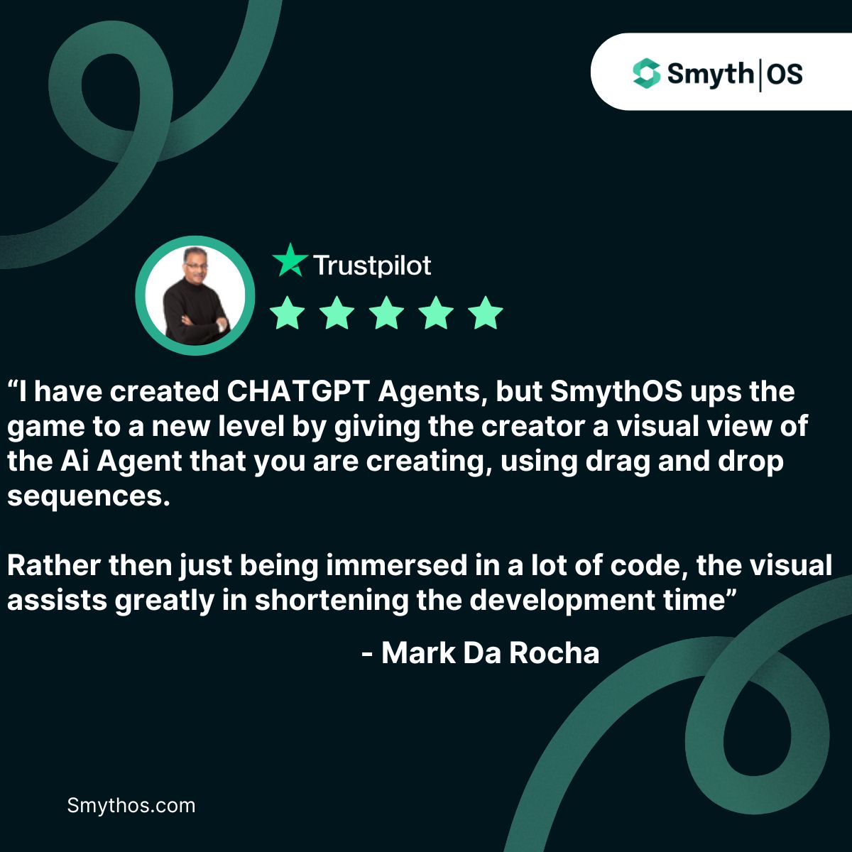 Today's SmythOS review spotlight!

Many thanks to Mark Da Rocha for your wonderful feedback.

Source: @Trustpilot.

#Review #AIAutomation #SmythOS #APIs #EmergingTechnology #Nocode #AI #Developers #APIIntegration #AIPlatform