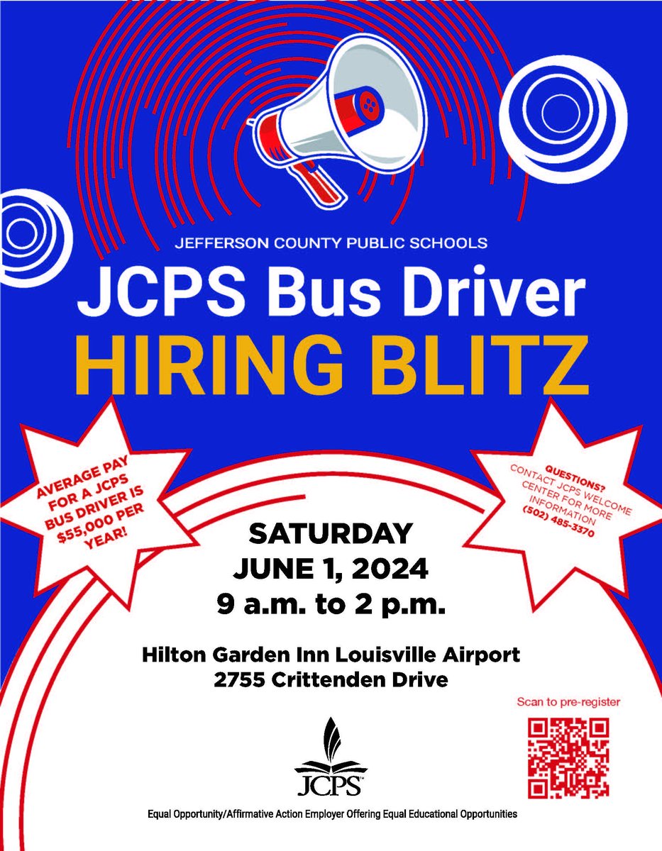 JCPS Bus Driver Hiring Blitz Pre-registration link: forms.gle/X11HcmxLE8GkFt… Apply on-site! DOT exams and interviews will be completed on-site. Information that could be helpful to bring: - Two forms of identification-Passport acceptable -High School diploma or GED -Voided Check