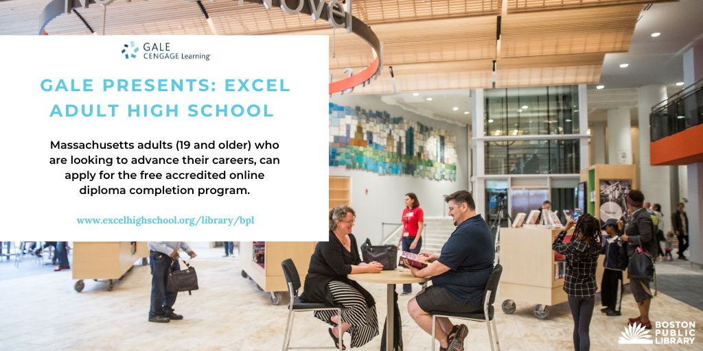 Did you know the BPL offers adult residents the opportunity to obtain their high school diploma from their local public library? @galecengage Visit excelhighschool.org/library/bpl to learn about Gale Presents: Excel Adult High School 🔗 #galepublic
