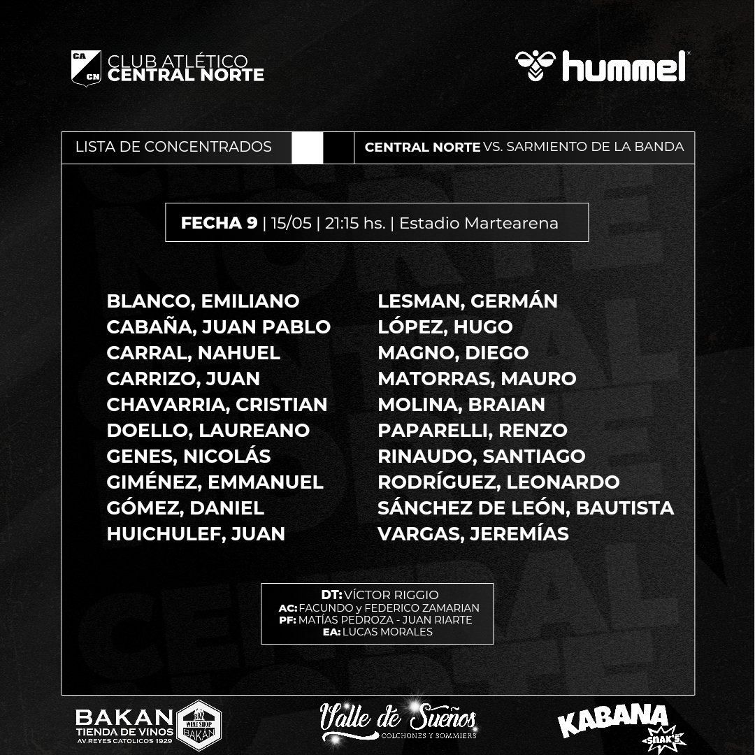 #CentralNorte | Estos son los 20 jugadores convocados para el partido de esta noche, a las 21.15, frente a #SarmientoLaBanda, en el estadio Martearena. #UnidosSomosMás🐦‍⬛ #VamosCentral⚫⚪⚫