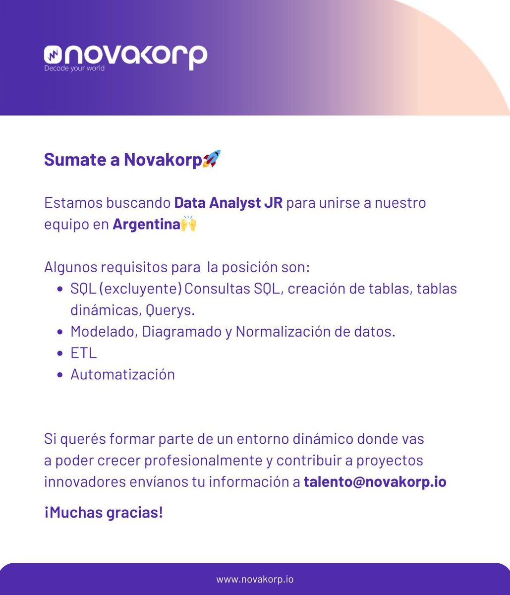 natayadev's tweet photo. 📊 Buscan un Data Analyst Junior en Novakorp, una empresa con presencia en LATAM, EEUU, Canadá y España. Más info en el link de abajo ⬇️ https://t.co/CqSyCl9qd9