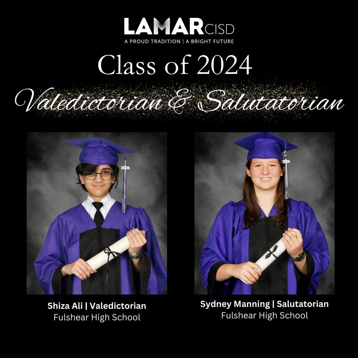 Introducing the Fulshear High School Class of 2024 Valedictorian & Salutatorian.🎉 Valedictorian Shiza Ali plans to attend the University of Texas in the fall and study mechanical engineering. Salutatorian Sydney Manning plans to study chemical engineering.