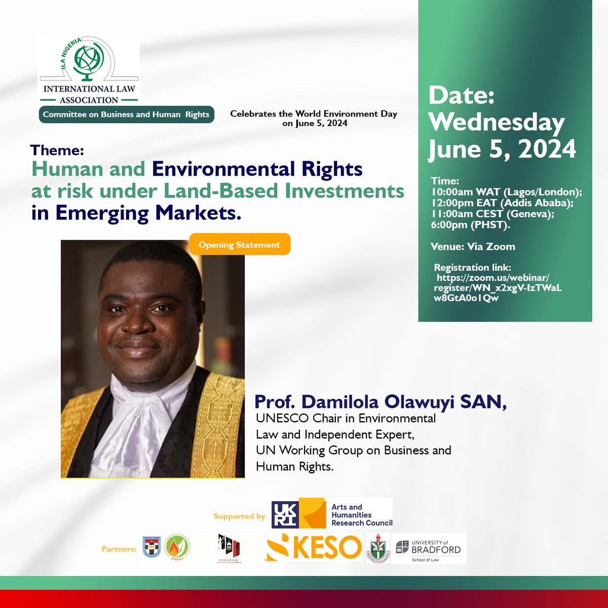 Oyeniyi Abe (@abeoyeniyi) on Twitter photo 🛎 🔔 Save the date 🛎 📣
Registration link: bit.ly/ilabhr2
📅 June 5, 2024; 10.00AM (WAT)
<a href="/Nigeria_ILA/">ILA NIGERIA</a> <a href="/ogeesinstitute/">OGEES Institute</a> <a href="/dsolawuyi/">Damilola S. Olawuyi, SAN, FCIArb</a> <a href="/HbkuE/">HBKU_Energy&Environment</a> <a href="/UNESCOChairHBKU/">UNESCO Chair at HBKU</a> <a href="/ASSELLMU/">ASSELLMU (MENA Environmental Law Professors)</a> <a href="/BHR_FIDH/">Business, Human Rights & Environment @ FIDH</a> <a href="/BHRRC/">Business & Human Rights</a> 🛎 🔔 Save the date 🛎 📣
Registration link: bit.ly/ilabhr2
📅 June 5, 2024; 10.00AM (WAT)
<a href="/Nigeria_ILA/">ILA NIGERIA</a> <a href="/ogeesinstitute/">OGEES Institute</a> <a href="/dsolawuyi/">Damilola S. Olawuyi, SAN, FCIArb</a> <a href="/HbkuE/">HBKU_Energy&Environment</a> <a href="/UNESCOChairHBKU/">UNESCO Chair at HBKU</a> <a href="/ASSELLMU/">ASSELLMU (MENA Environmental Law Professors)</a> <a href="/BHR_FIDH/">Business, Human Rights & Environment @ FIDH</a> <a href="/BHRRC/">Business & Human Rights</a>