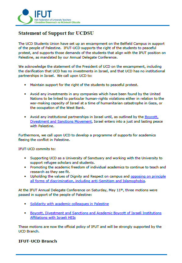 ifut's tweet photo. 📢 @IfutUcd Branch stands with @UCDSU  in their peaceful protest for Palestine. We support the students' right to protest. Read our full statement with links here 👉https://t.co/VhnIHaxIze  #IFUT #UCDSU 👇 https://t.co/HfQW7rMr4E