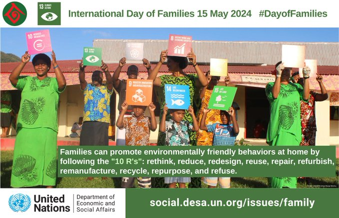 This year's Int'l #DayofFamilies aims to raise awareness of the impact of climate change on families and the role of families in climate action. We call on families to promote sustainable consumption patterns for meaningful and effective climate action. #IYF30 @UNDESA