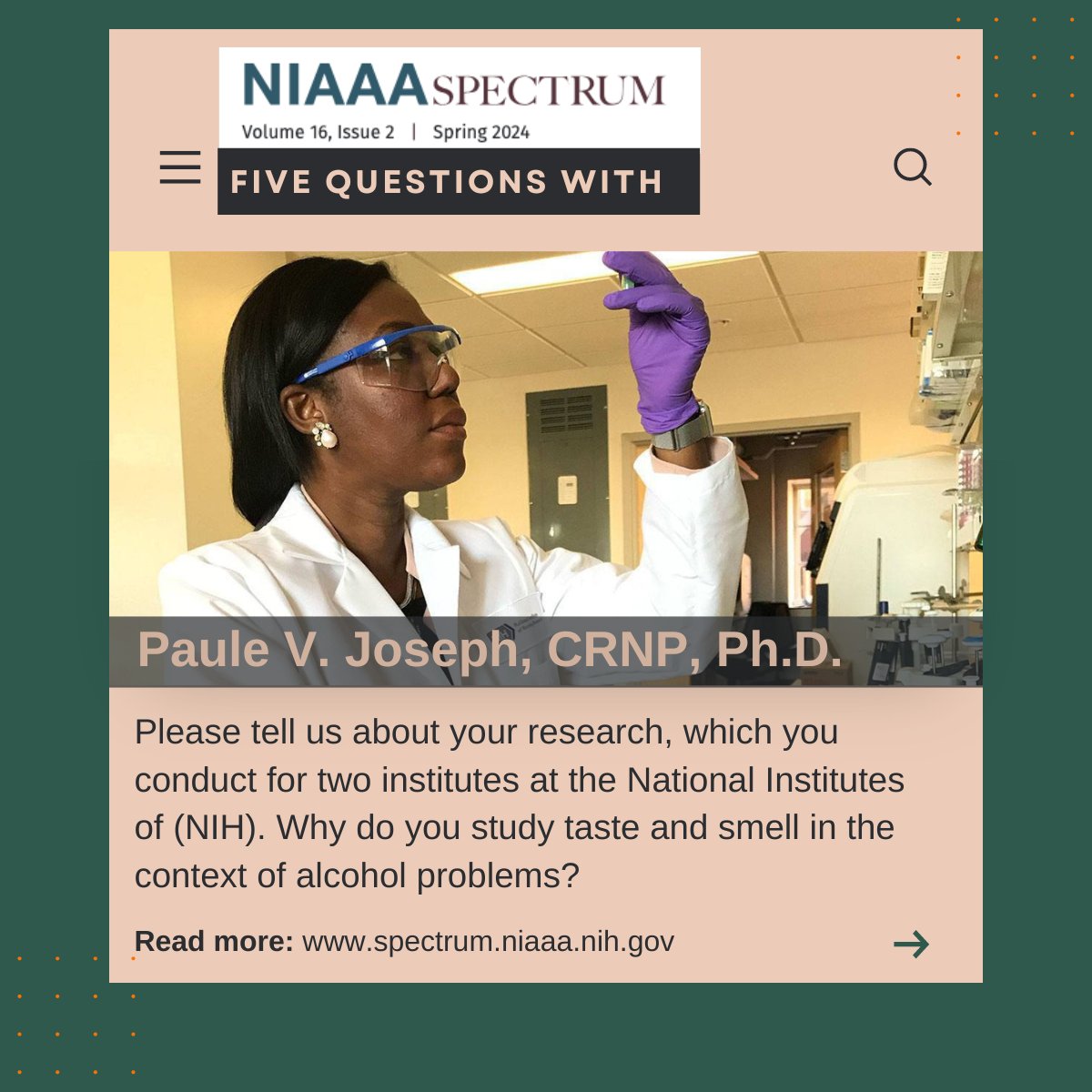 Discover how groundbreaking scientific research is transforming health outcomes—dive into our latest article written by #NIAAASpectrum. I invite you to read the full article here: spectrum.niaaa.nih.gov/spring2024five… #taste #smell #science #research
