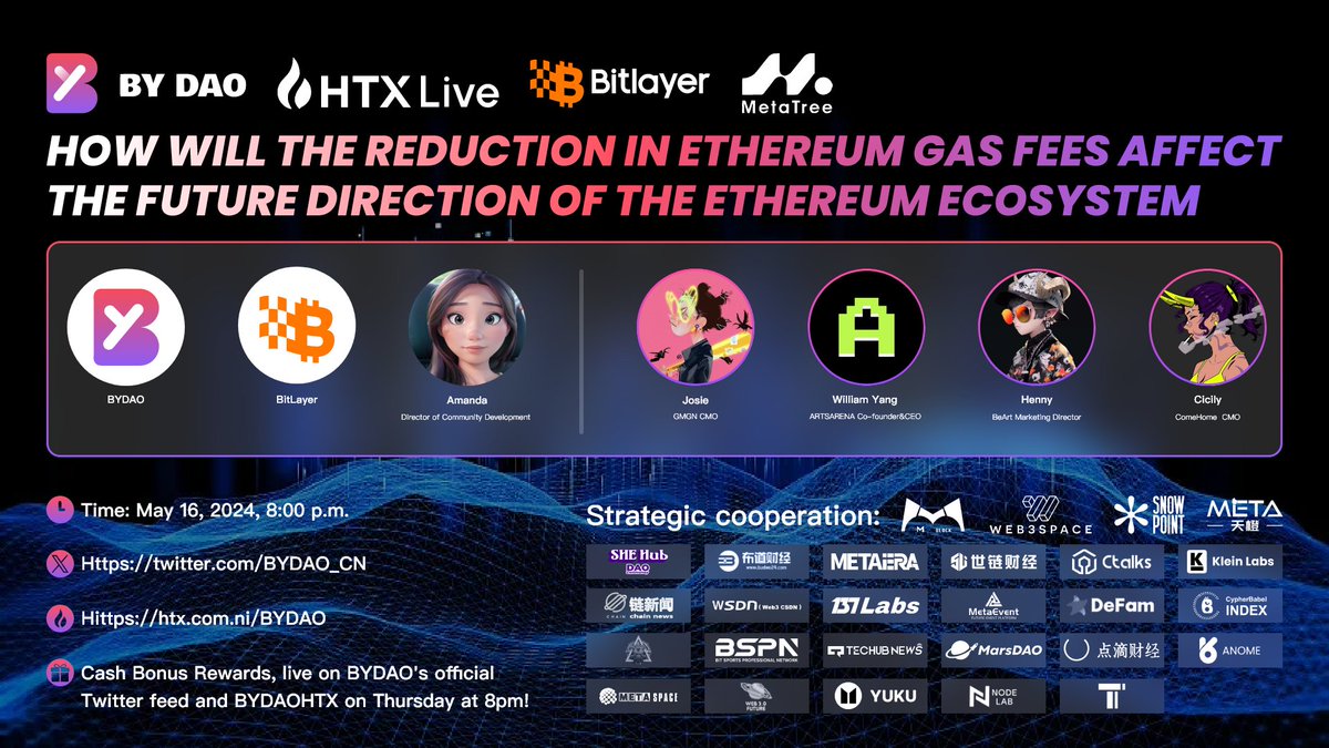 📆📆5.16 20:00（UTC+8） 🔗🔗x.com/i/spaces/1vaxr… 👏👏bydao English session officially opens every Thursday, follow bydao Huobi live broadcast room to watch simultaneously🤩 ❤️❤️ Guest： @BitlayerLabs @TracerNft @artsarenaio @CoinHomePro @ChromeHenny