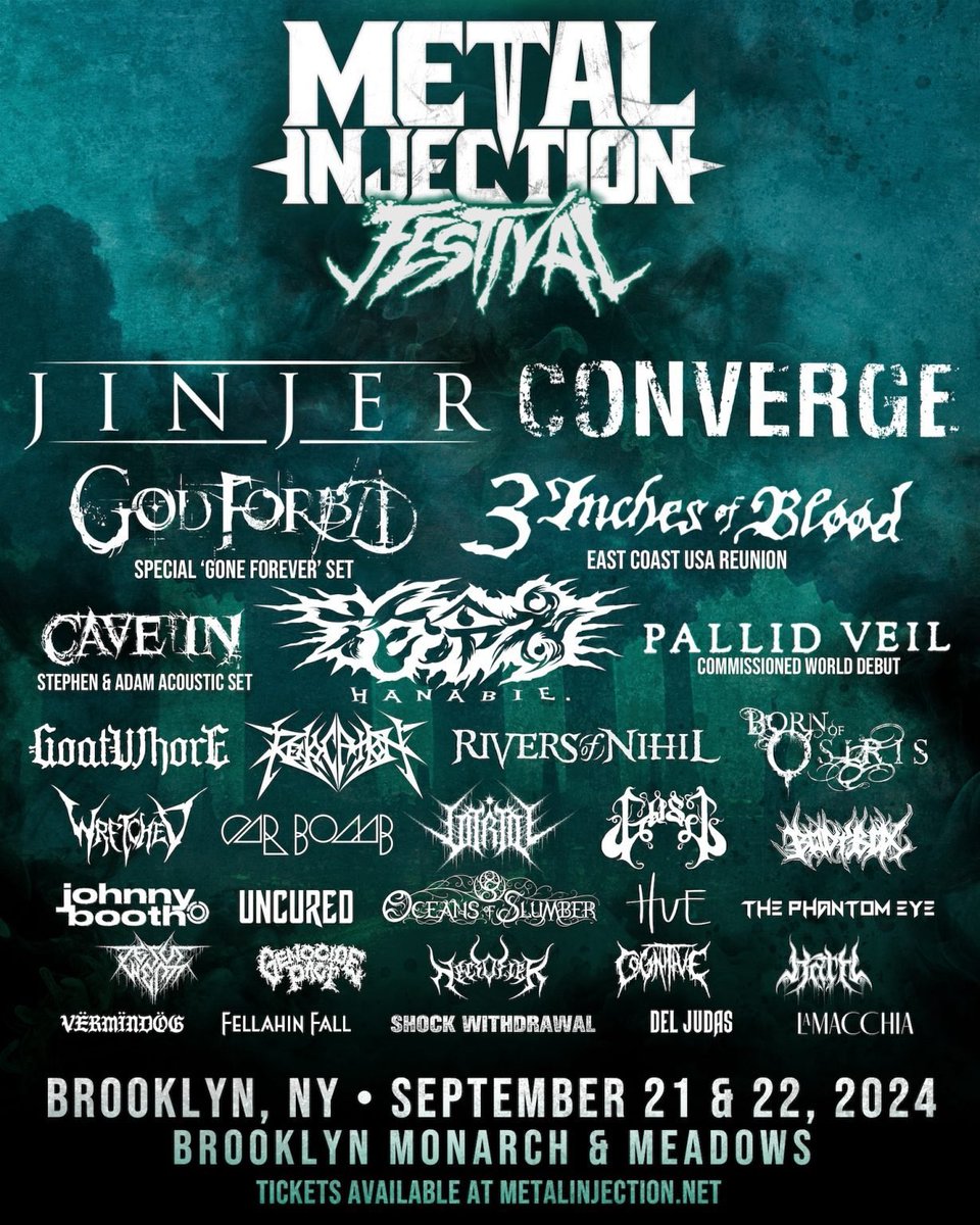 The @MetalInjection festival is back with an all new line up, special sets and ton of surprises! In celebration of Metal Injection's 20thanniversary, this year's fest will be held in New York at @thebkmonarch & Meadows on September 21 & 22