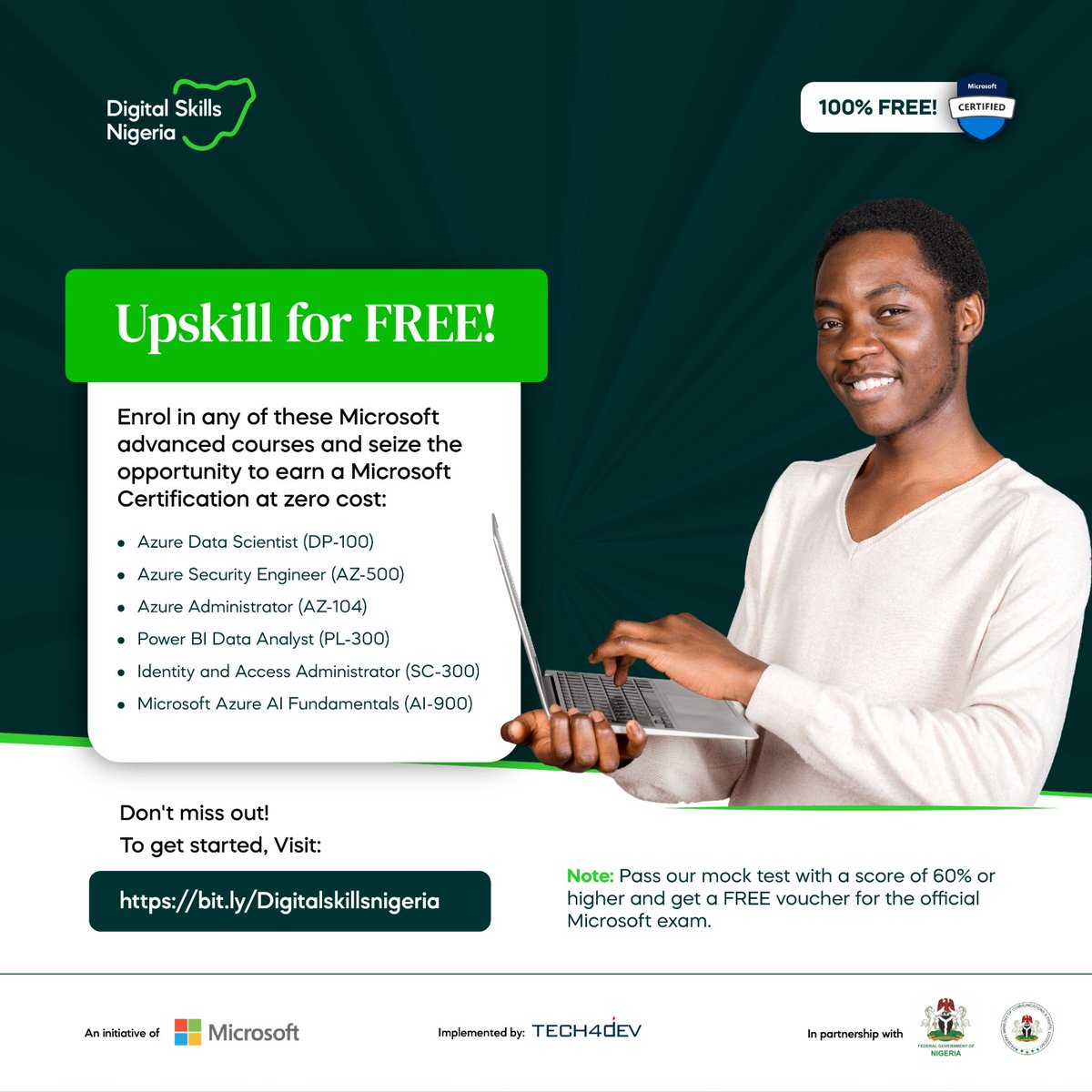 Tech4DevHQ's tweet image. Enhance your career today with any of these FREE advanced Microsoft courses:

- Azure Data Scientist (DP-100)
- Azure Security Engineer (AZ-500)
- Azure Administrator (AZ-104)
- Power BI Data Analyst (PL-300)
- Identity and Access Administrator (SC-300)
- Microsoft Azure AI…