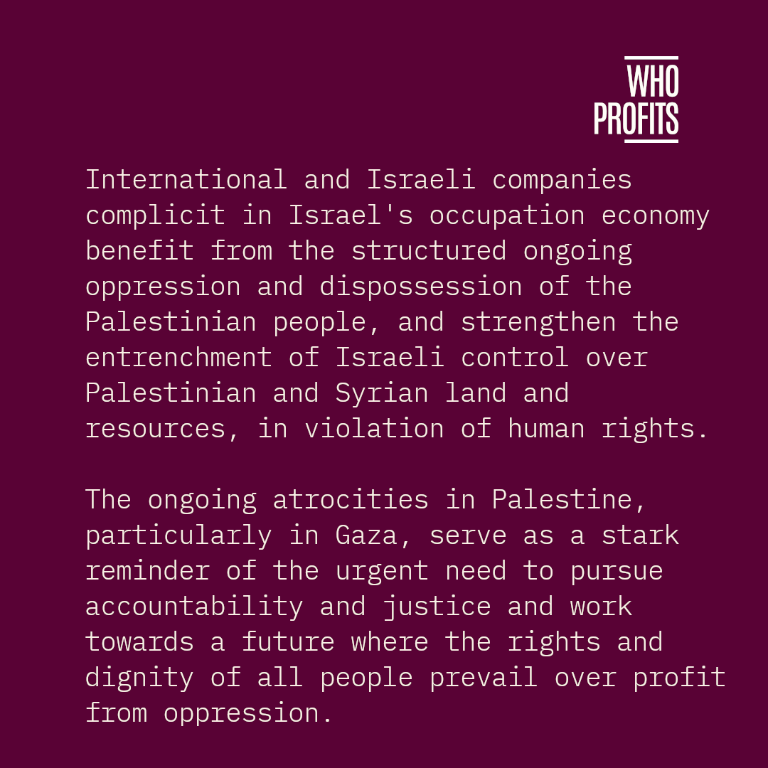 Who_Profits's tweet photo. On this #Nakba Day, we call for accountability for the complicity of international and Israeli companies in perpetuating the illegal occupation of Palestine to this day.
Visit our website https://t.co/zW5SX8AQFm to learn more about the political economy of Israel’s occupation. https://t.co/VF3m62TLjS