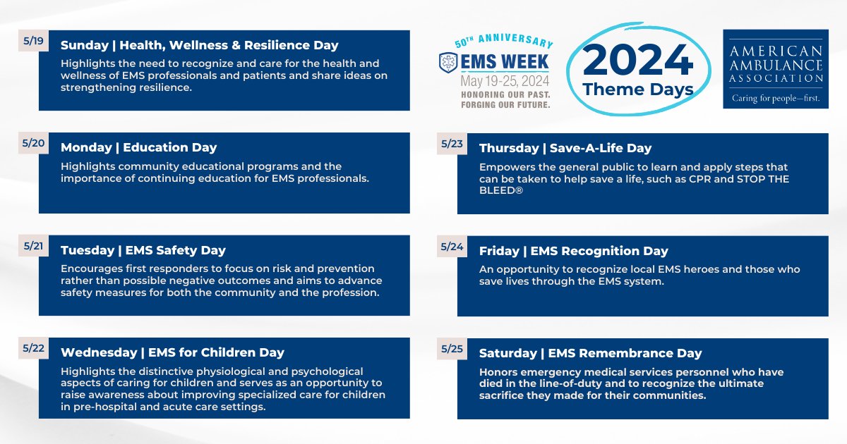 Get ready to celebrate the 50th Annual National EMS Week theme days May 19–25! #EMSWeek2024 #EMSStrong #EMSWeek #EMS @EMSWeek