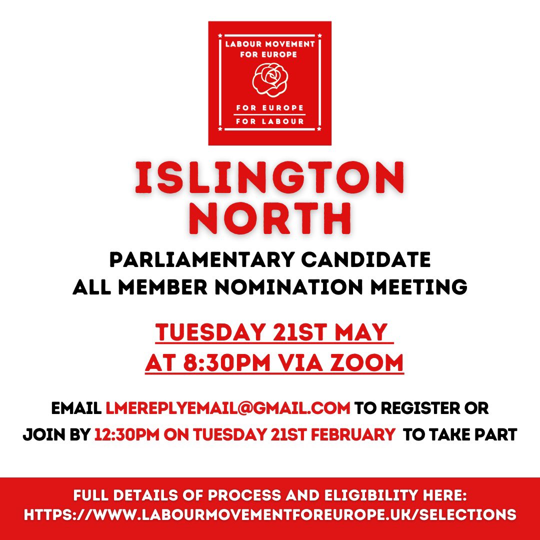 We will be holding hustings to choose who to nominate as the Labour Movement for Europe candidate for Islington North on Tuesday 21st May at 8:30pm via Zoom. Join us by 12:30pm on Tuesday 21st of May to take part in this process. labourmovementforeurope.uk