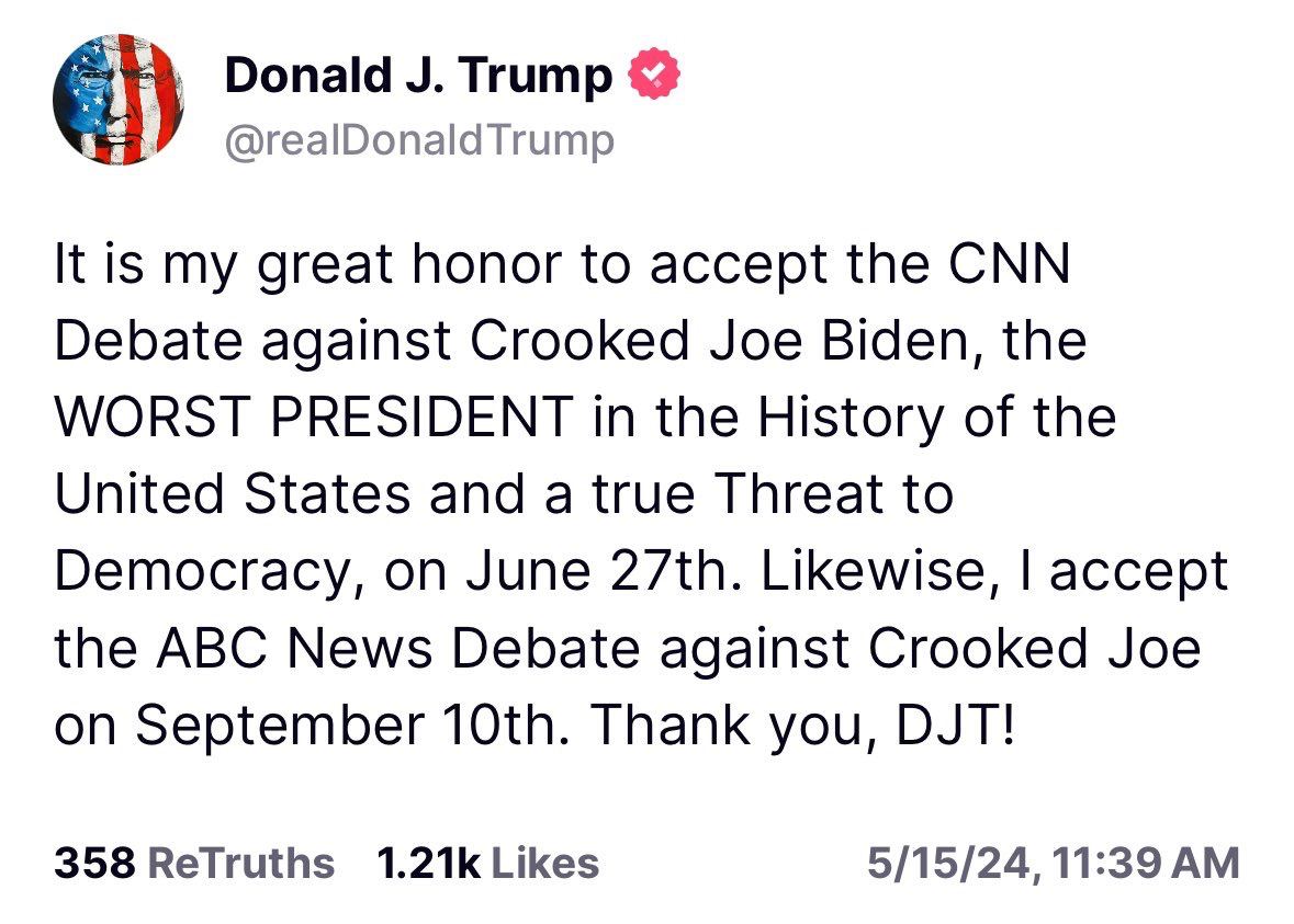 🚨BREAKING: Trump has now accepted two presidential debates with Crooked Joe on June 27th on CNN and on Sept 10th on ABC News.