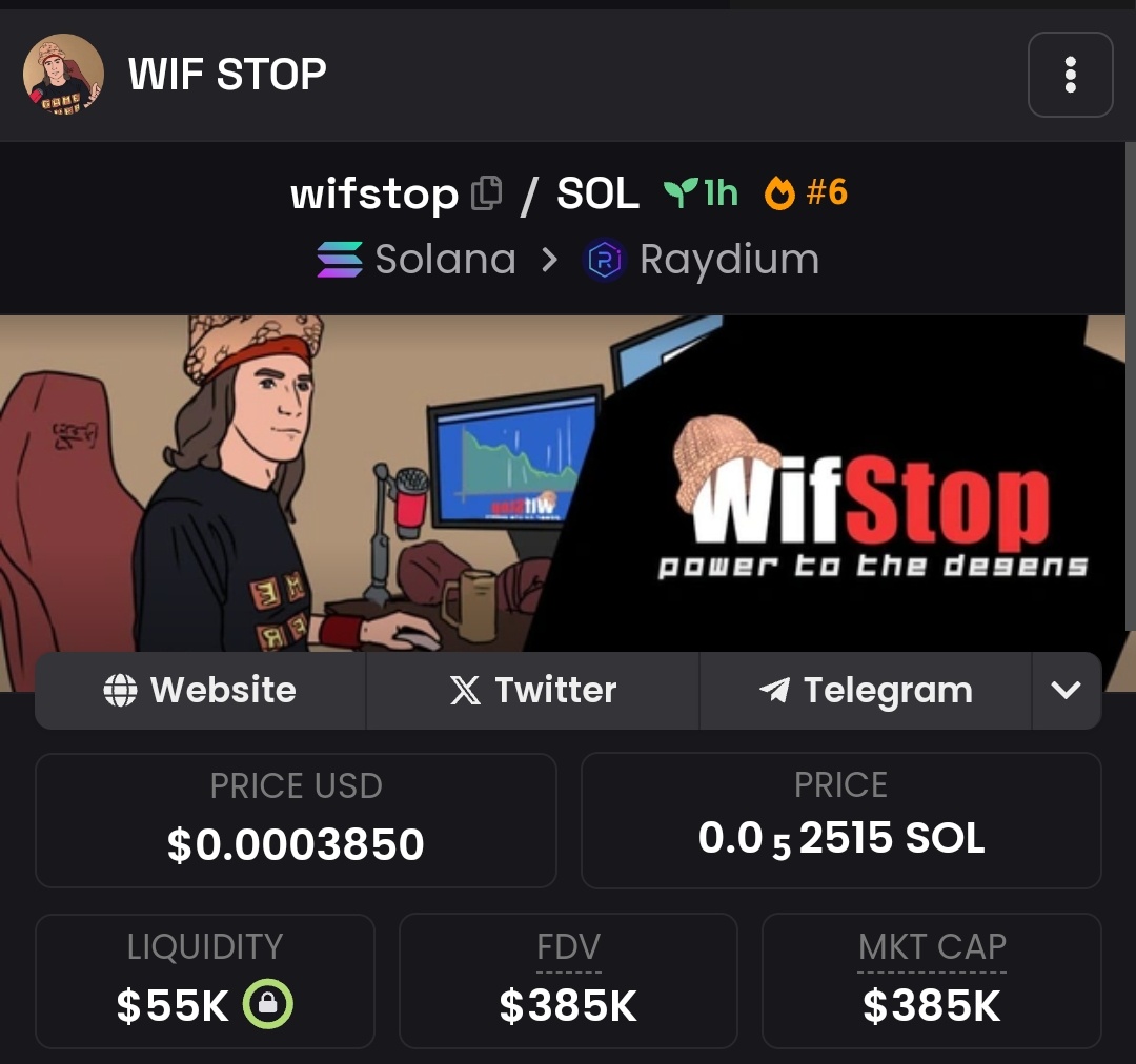 We did over 10x yesterday on this stonk Meta, lets do it again today.

Bought $WifStop here at under 400k Mcap. Expecting a 10x too. 

✅Telegram:
       t.me/wifstop_solana  
💬Twitter: 
      x.com/wifstop_solana
🌐Website: 
      wifstop.vip
Contract:…
