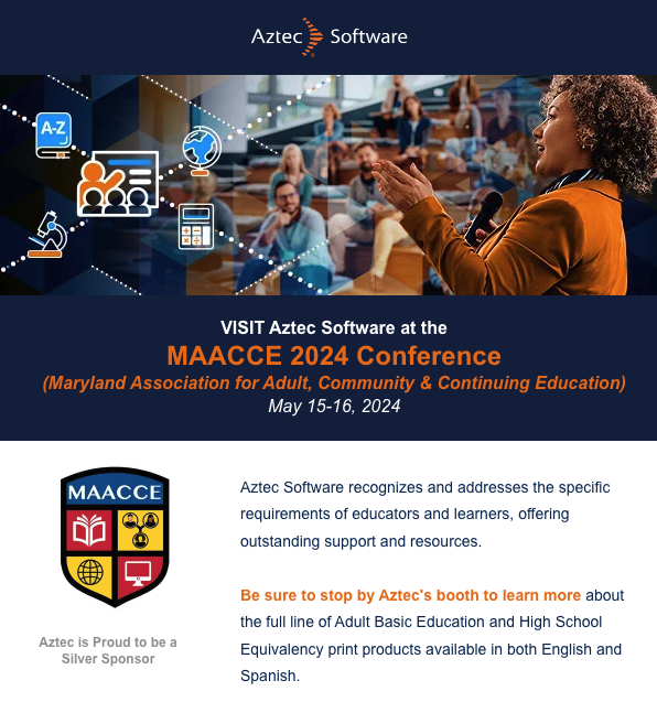 aztecsoftware's tweet photo. Aztec is Proud to be a Silver Sponsor and attend the MAACCE 2024 Conference Maryland Association for Adult, Community and Continuing Education VISIT Aztec Software today!

#MAACCE #adultedu #adulteducation #EducateAndElevate #AdultBasicEducation #educationtechnology https://t.co/FXWmC3p5lZ