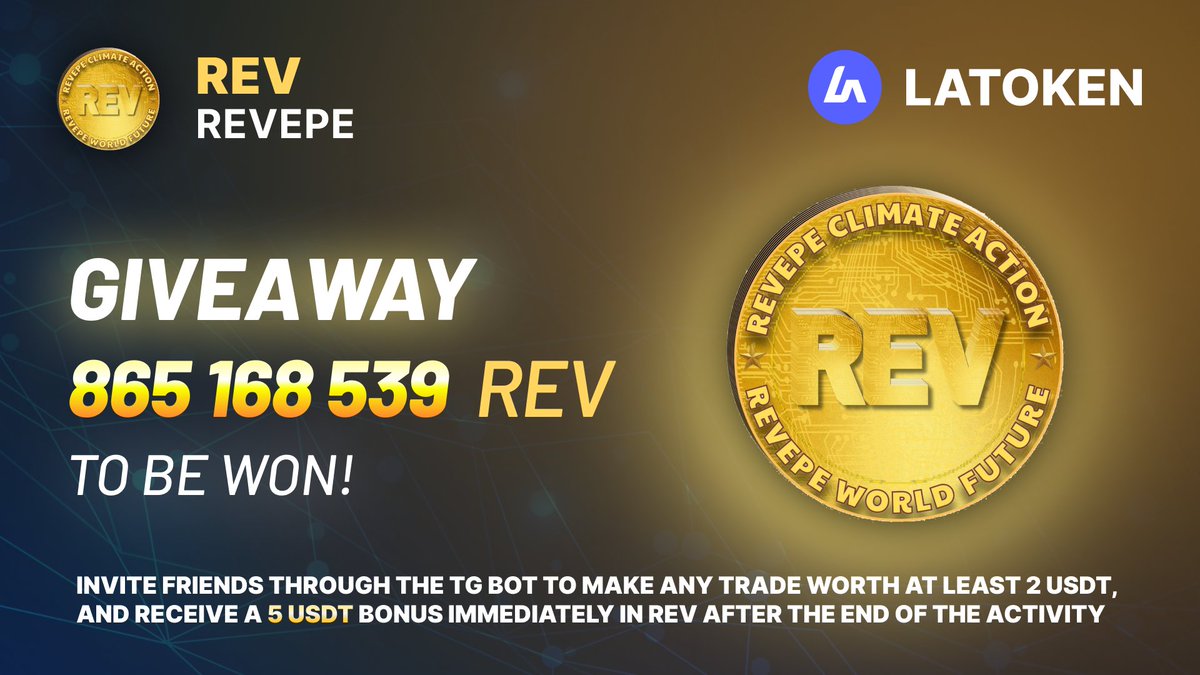 🏆 865 168 539 REVEPE (REV) GIVEAWAY on LATOKEN ✅ Complete all tasks and qualify for the Airdrop. 📲 Share with 5 Friends and Follow. ⏰ May 15, 2024 - May 20, 2024. 🎁 Distribution date: 21 May, 2024 👉 JOIN GIVEAWAY (go.latoken.com/dwkb/fbce)