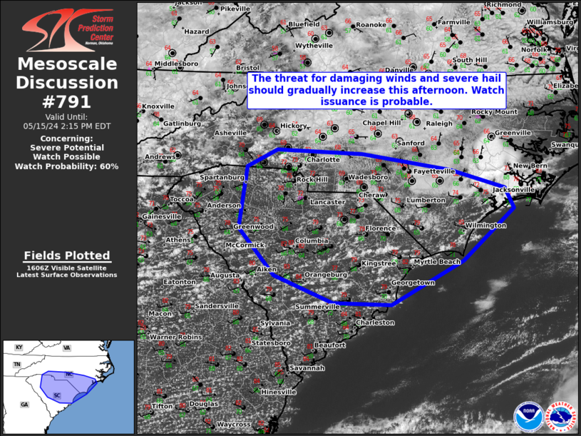 There is a 60% chance of a severe thunderstorm watch for parts of the area covered in blue. Mainly along and south of the SC/NC border. #cltwx #ncwx #scwx #wcnc #weatheraware