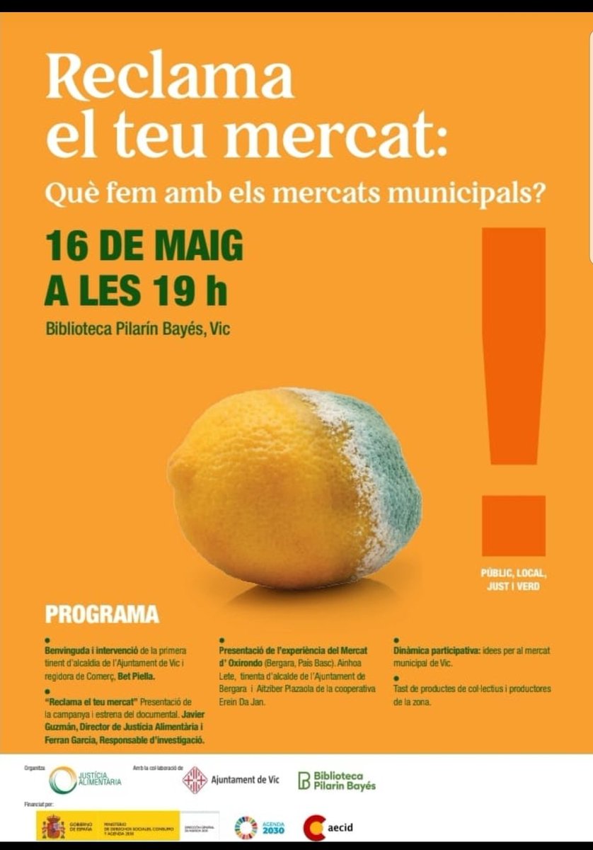 Demà a les 19.00h a la @BibliotecaVicPB de Vic hi ha un acte interessant a favor dels mercats municipals organitzat per @JusticiaAliment i on es presentarà un documental gravat en part a la nostra ciutat.