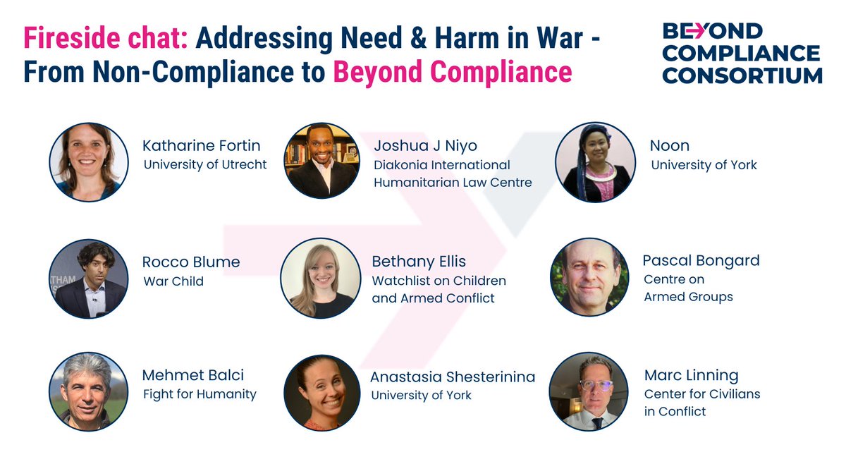 LIVE: Fireside chats moderated by @AShesterinina, with 8 #BeyondCompliance Consortium members on various topics regarding #IHL and #IHRL compliance (& beyond) in war in order to problematise the concepts of #CivilianHarm & #HumanitarianNeed (#HarmAndNeed).
