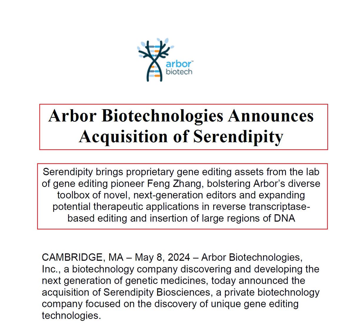 Yair Einhorn (@yaireinhorn) on Twitter photo 1/<a href="/arbortx/">Arbor Biotechnologies</a> has recently announced the acquisition of Serendipity Biosciences - a private BioTech company focused on the discovery of unique gene editing technologies which were discovered in the lab of the leading CRISPR researcher & Arbor co-founder - <a href="/zhangf/">Feng Zhang</a>. $XBI 1/<a href="/arbortx/">Arbor Biotechnologies</a> has recently announced the acquisition of Serendipity Biosciences - a private BioTech company focused on the discovery of unique gene editing technologies which were discovered in the lab of the leading CRISPR researcher & Arbor co-founder - <a href="/zhangf/">Feng Zhang</a>. $XBI