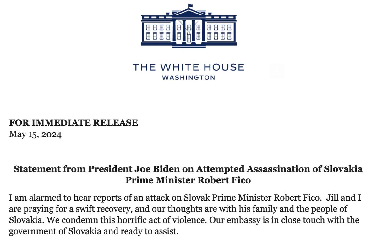 NEW!!! Biden Statement on Attempted Assassination of Slovakia Prime Minister Robert Fico