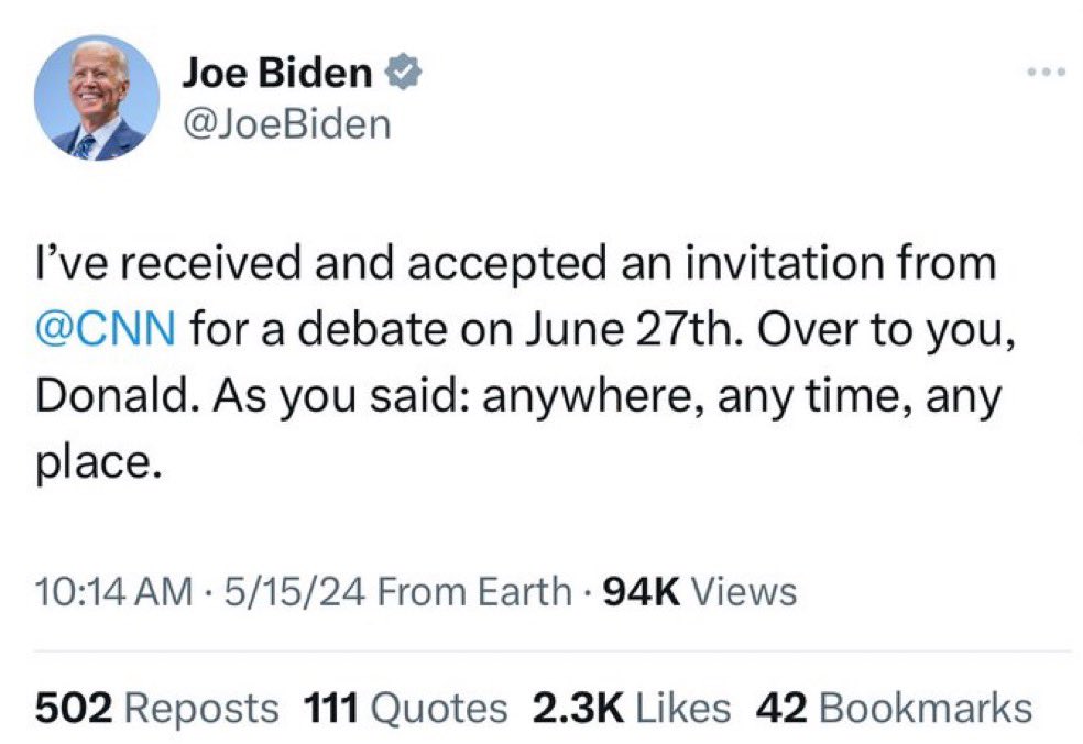 Joe, you should debate Trump on 𝕏. 

Moderated by Tucker Carlson and Joe Rogan. 

That way you can’t be spoon fed by CNN. 

Thoughts?
