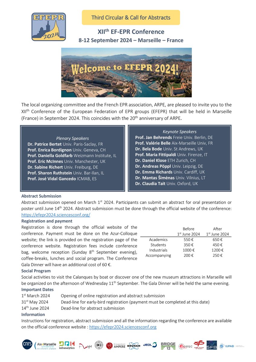 EFEPR 2024 Conference of the European Federation of EPR groups @european_epr Marseille, September 8-12. Early-bird registration ends May 31. Abstract submission deadline is June 14 efepr2024.sciencesconf.org @EPR_ESR @GROUP_AMPERE #EPRchat #NMRchat #NMR #NMRevents 🧲