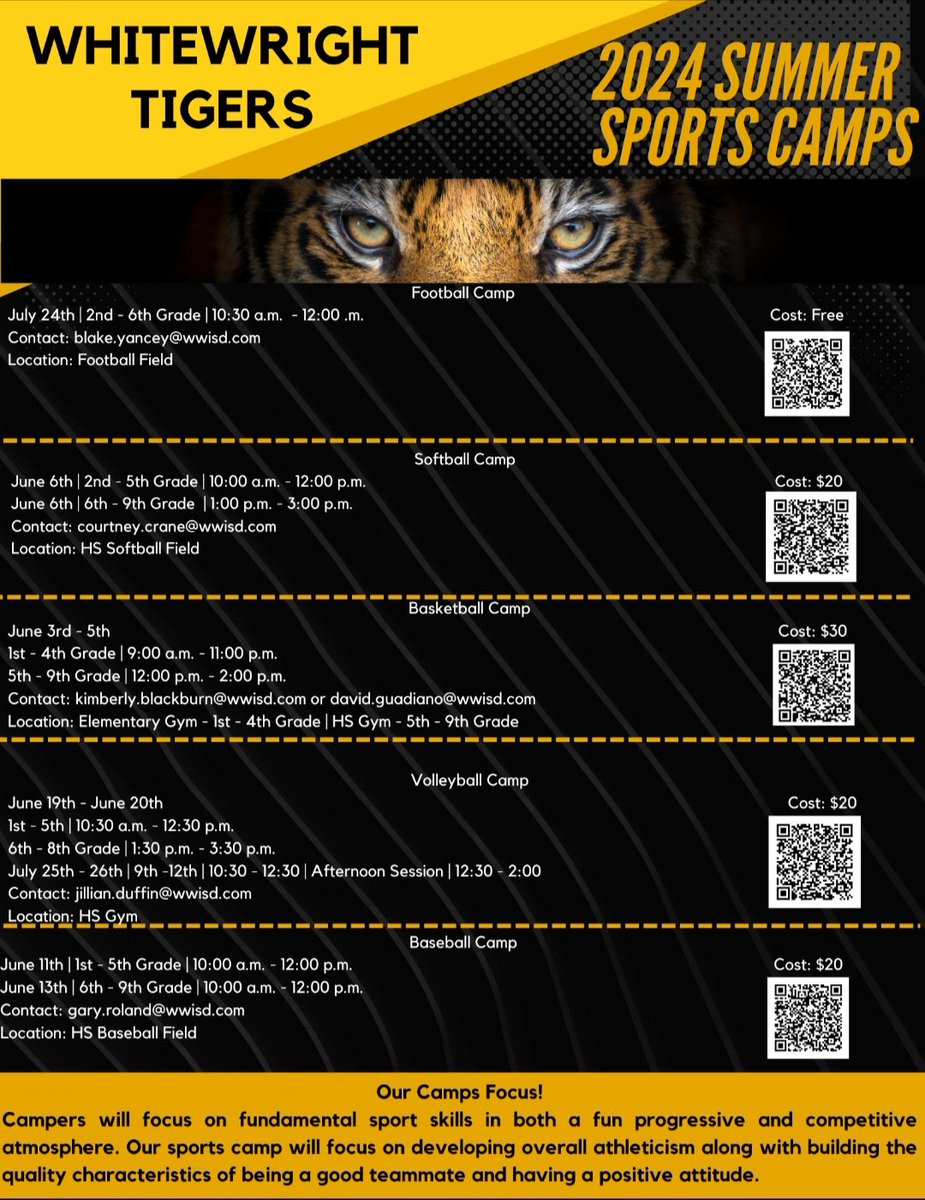 Here are each camps registration code. If for some reason you cannot access the QR code, you are more than welcome to bring your child the day of the camp and register them.