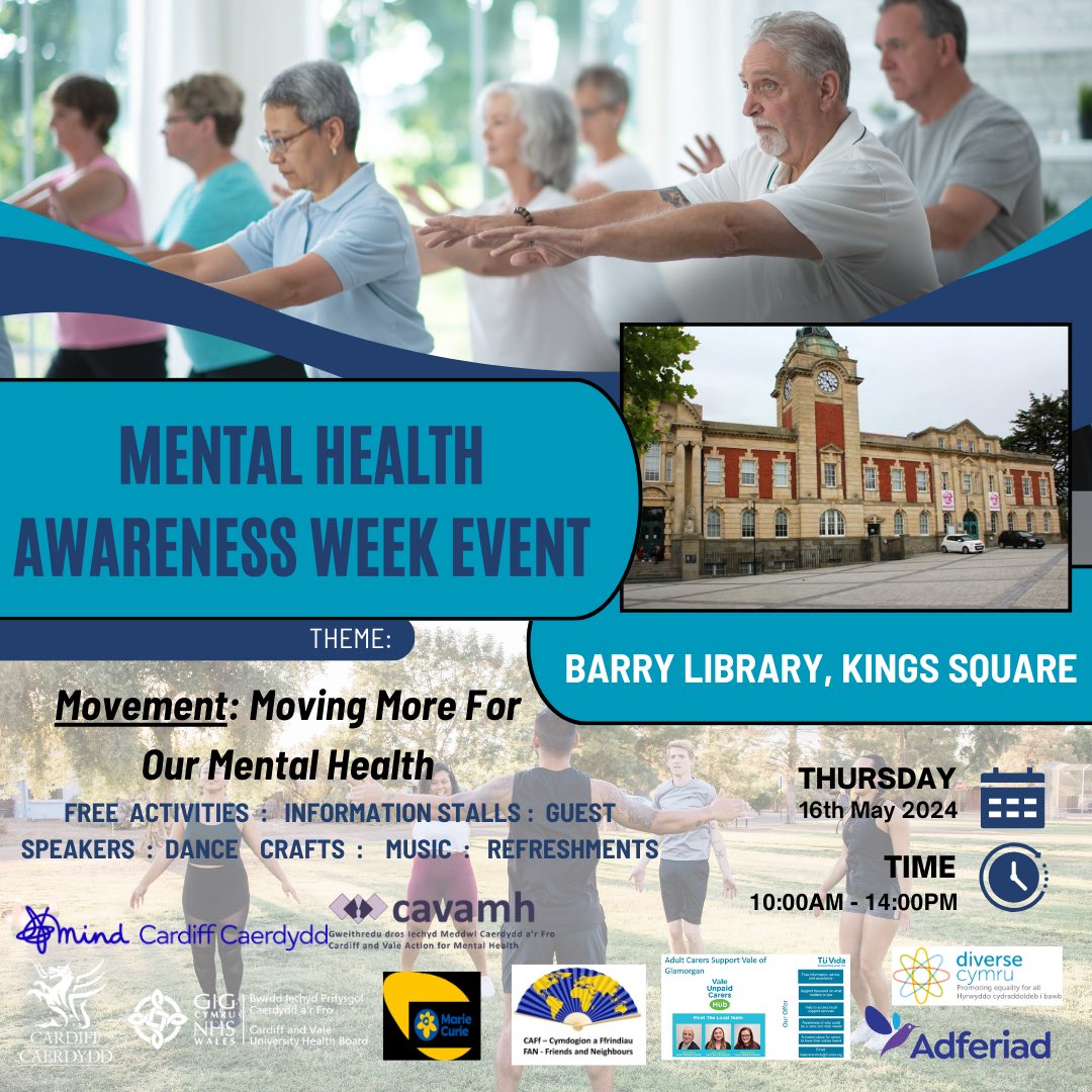 Join us at the #MentalHealthAwarenessWeek Event
 at BarryLibrary Thursday 16 May 10am-2pm.

Includes:
12pm  - “Sitting On The Edge Of My Bed' with Mark Collard
(a mix of poetry, spokenword & song)
More about the #ReadingWell Books on Prescription Schemes
Papyrus
CAVAMH